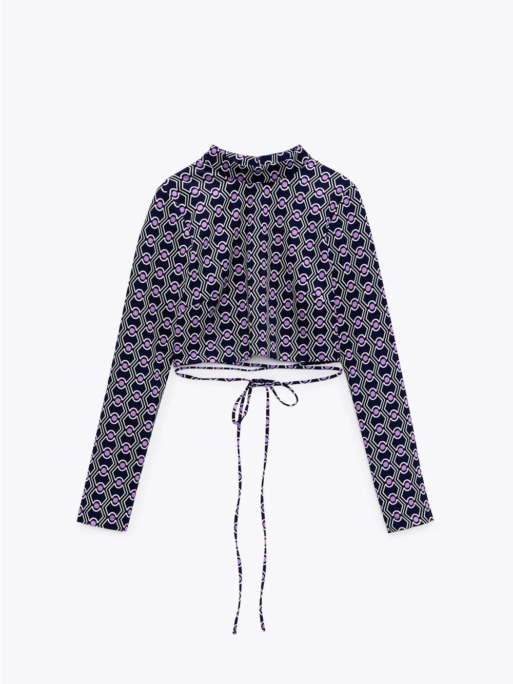 Zara Purple Geometric Tie-Front Cropped Long Sleeve Top